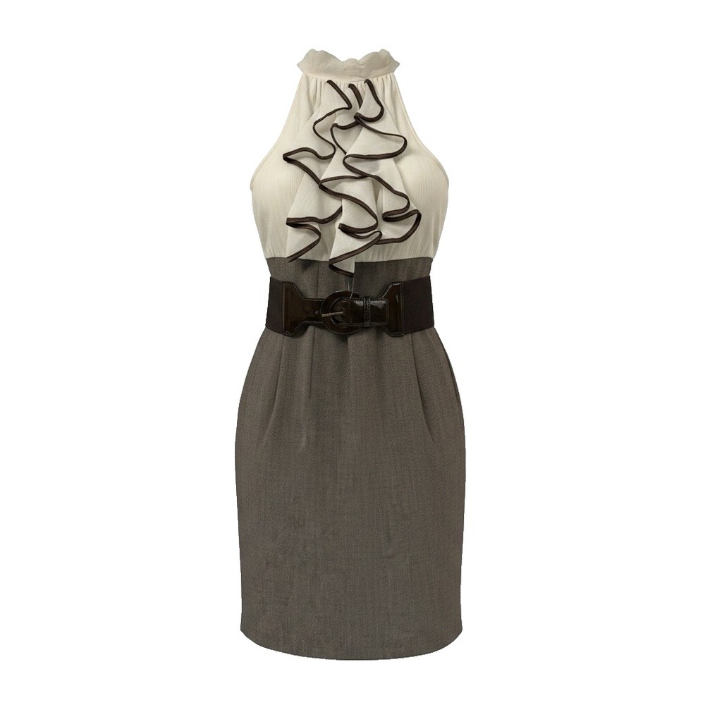 IZ Byer Dress Juniors Size 3 Brown White Y2K Fitted Ruffled Sleeveless Belted